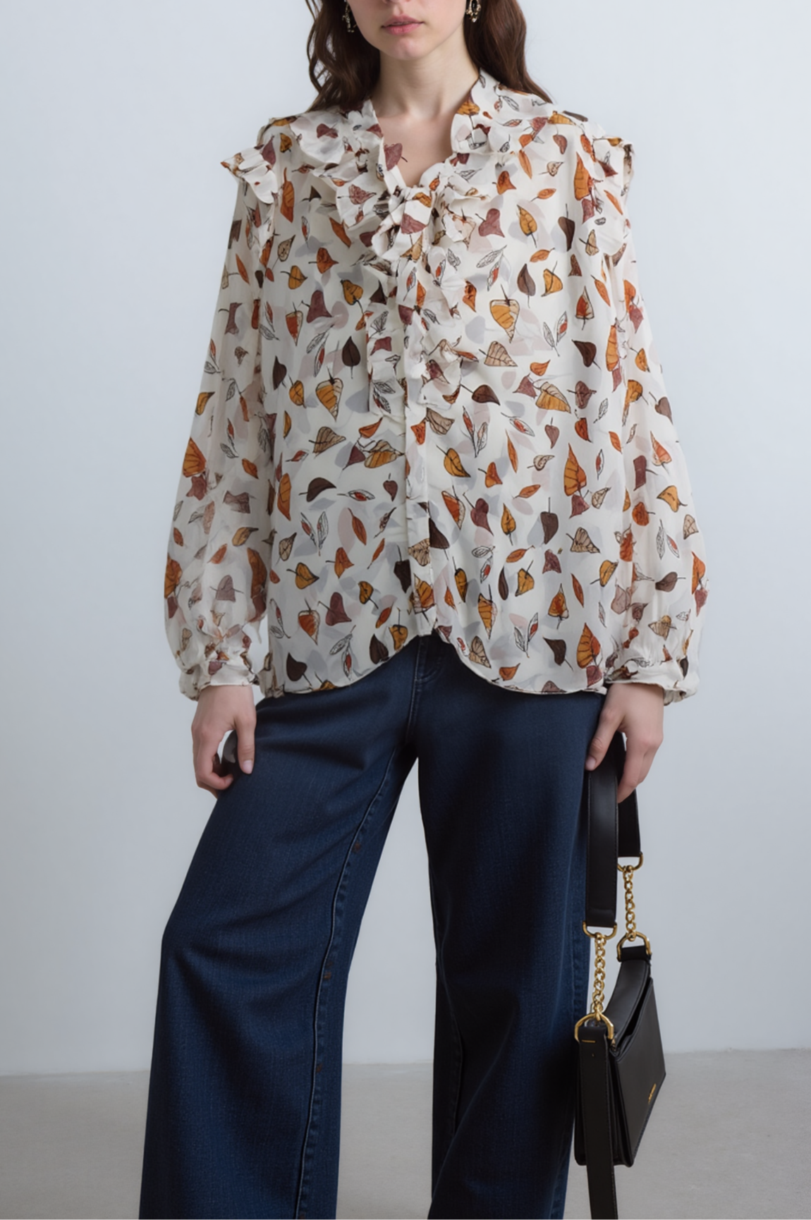 Women Printed Chiffon Top With Ruffles And Tie Knot