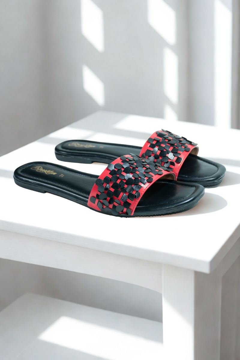 Red & Black Woven Slide Sandals
