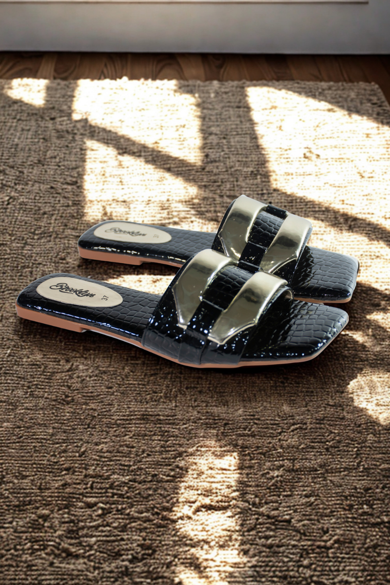 Black Croc-Embossed Slide Sandals with Gold Accents