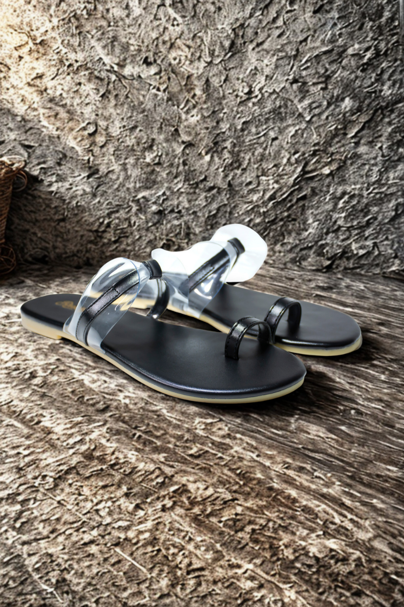 Black Strappy Sandals with Clear Bow Details