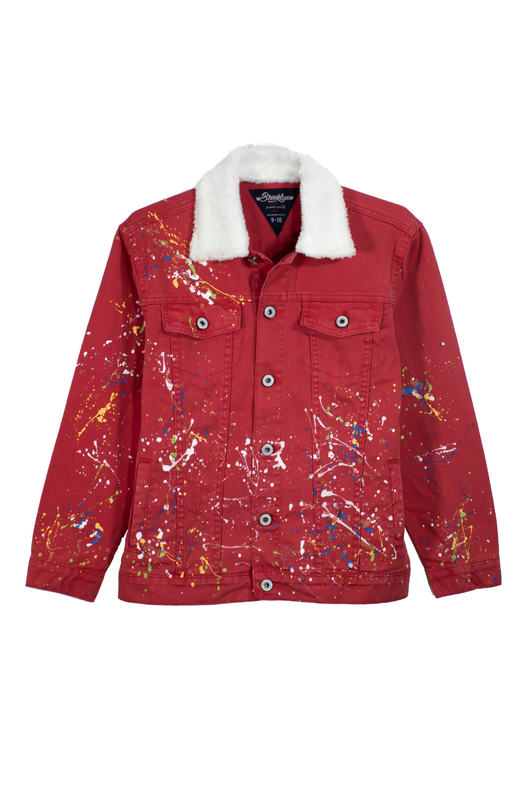 Paint Splatter Denim Jacket with Sherpa Collar - Red