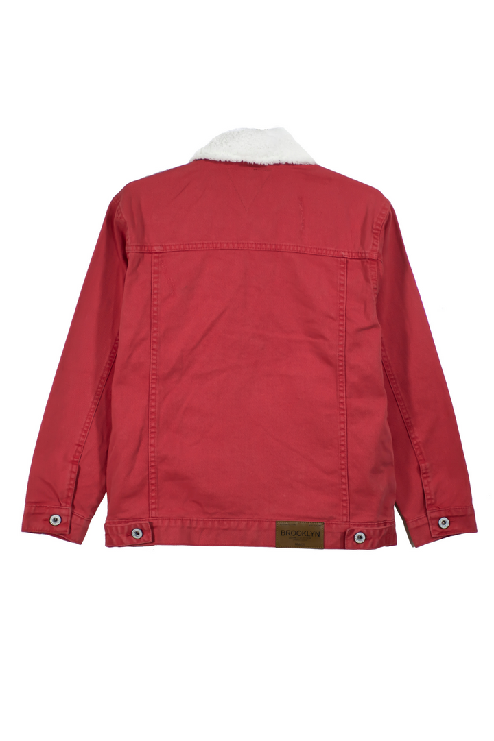 Paint Splatter Denim Jacket with Sherpa Collar - Red