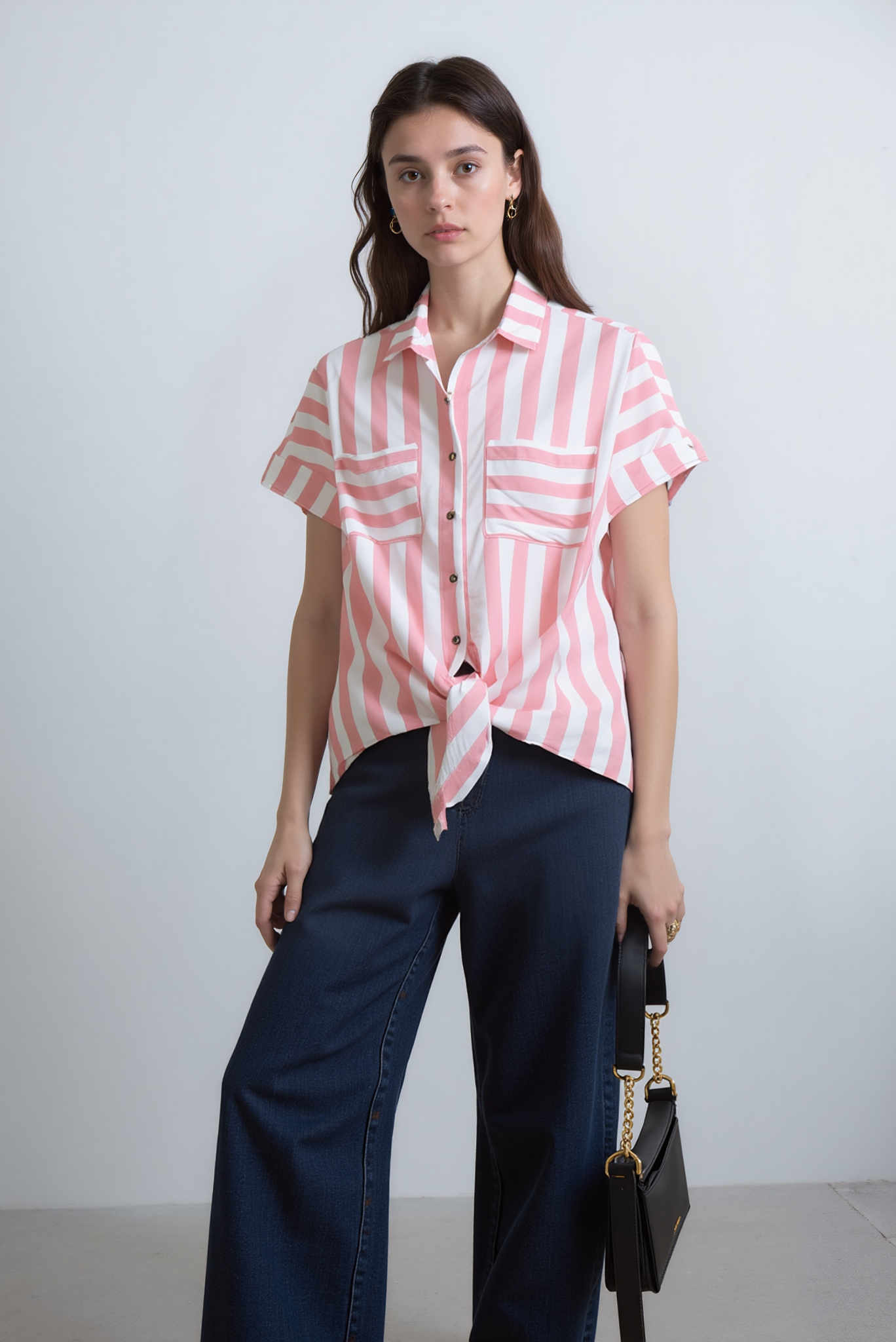 Women Loose Fit Viscose Blouse With Collar And Patch Pockets