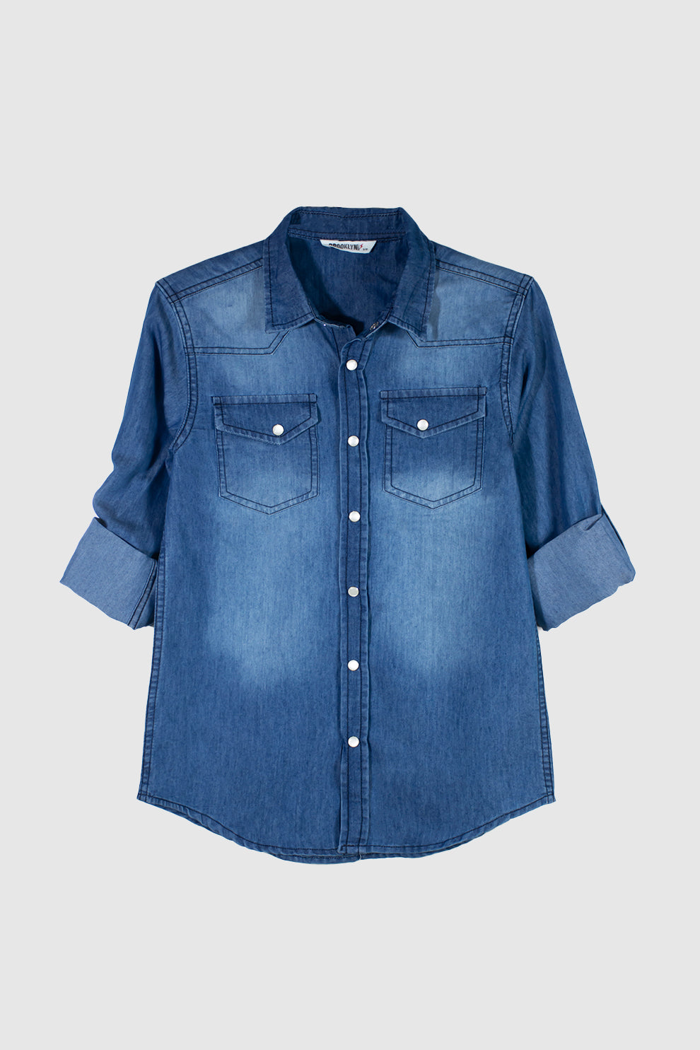 BOYS DENIM SHIRT WITH FLAP POCKETS AND ROLLOVER SLEEVES