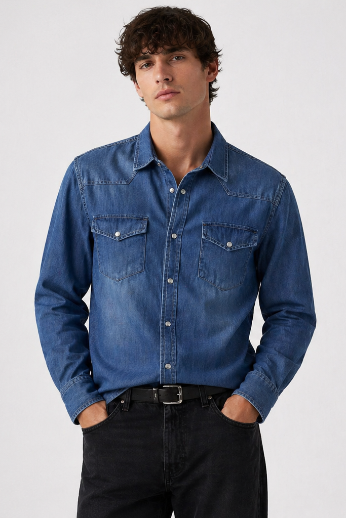 MEN LIGHT BLUE DENIM BLUE SHIRT WITH SNAP BUTTONS