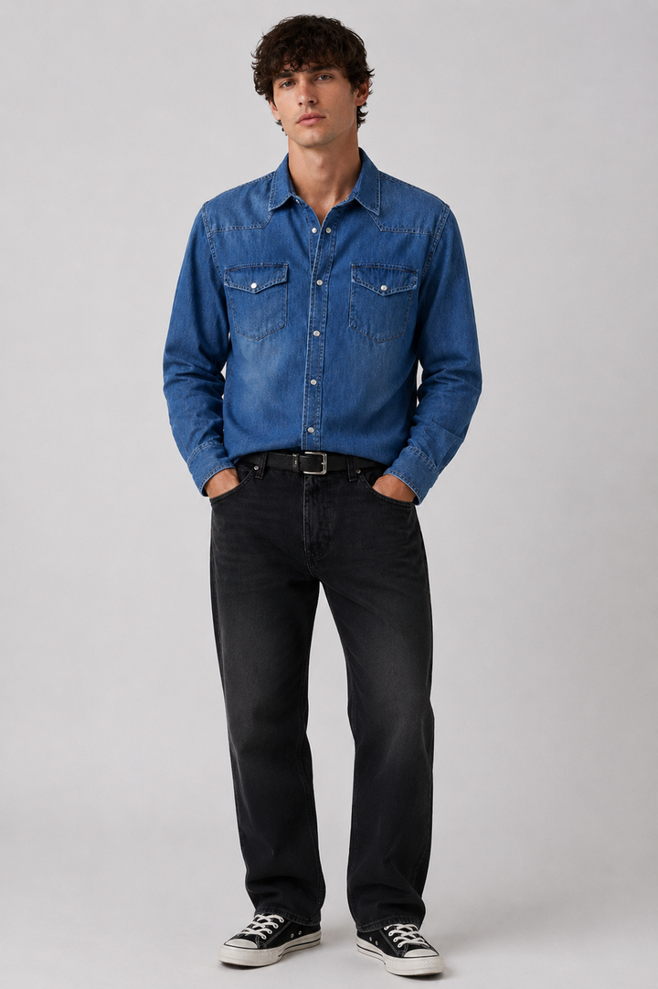 MEN LIGHT BLUE DENIM BLUE SHIRT WITH SNAP BUTTONS