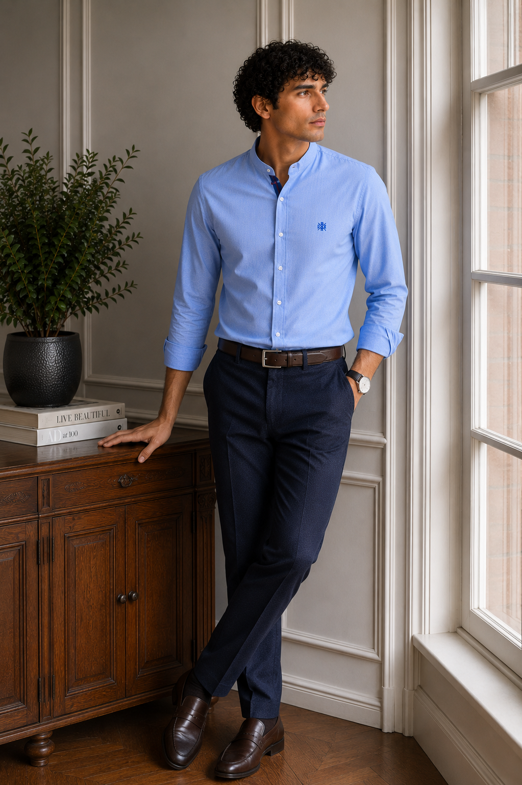 MEN CHAMBRAY SHIRT WITH EMBROIDERY ON CHEST