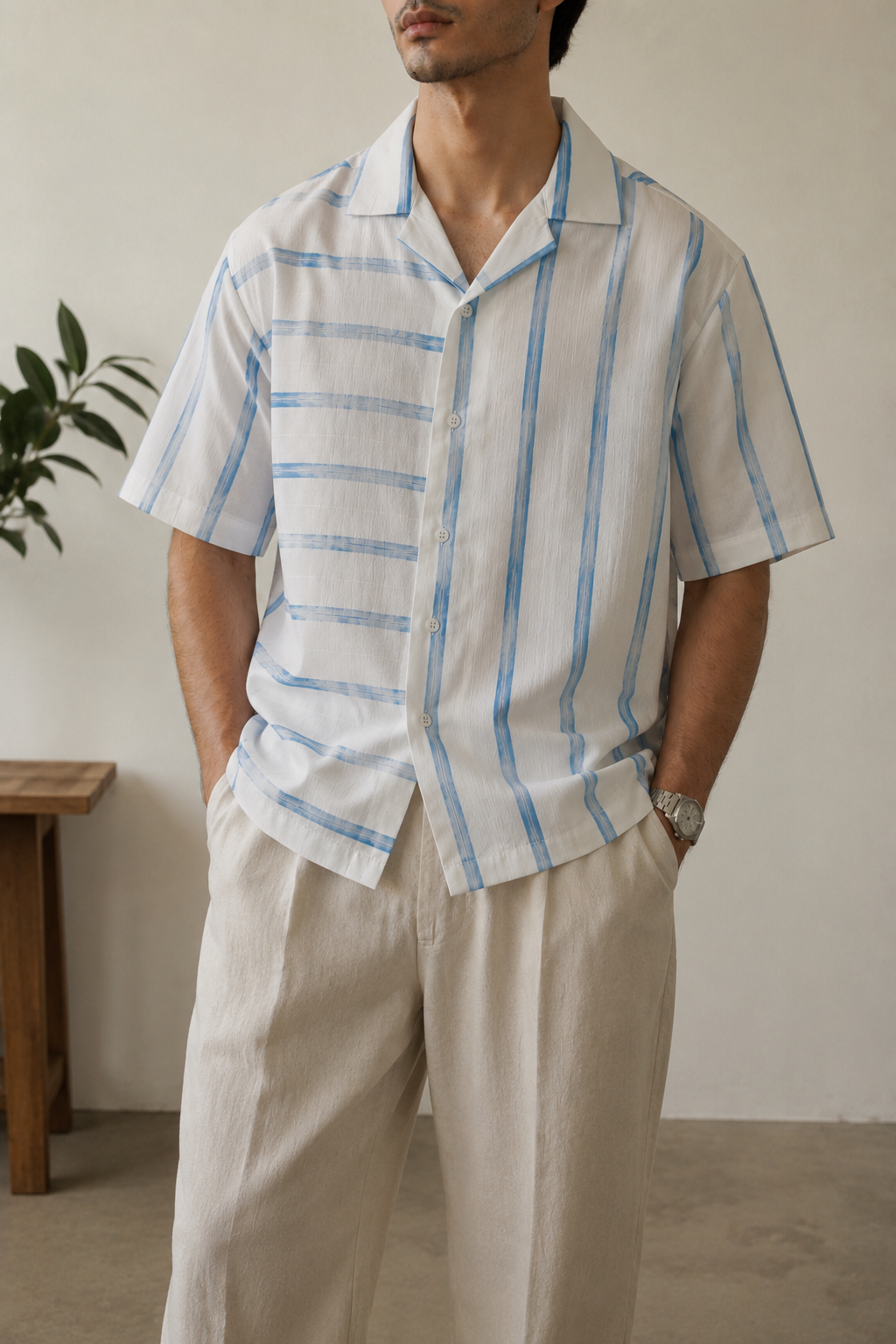 MEN WHITE/BLUE STRIPER SHIRT
