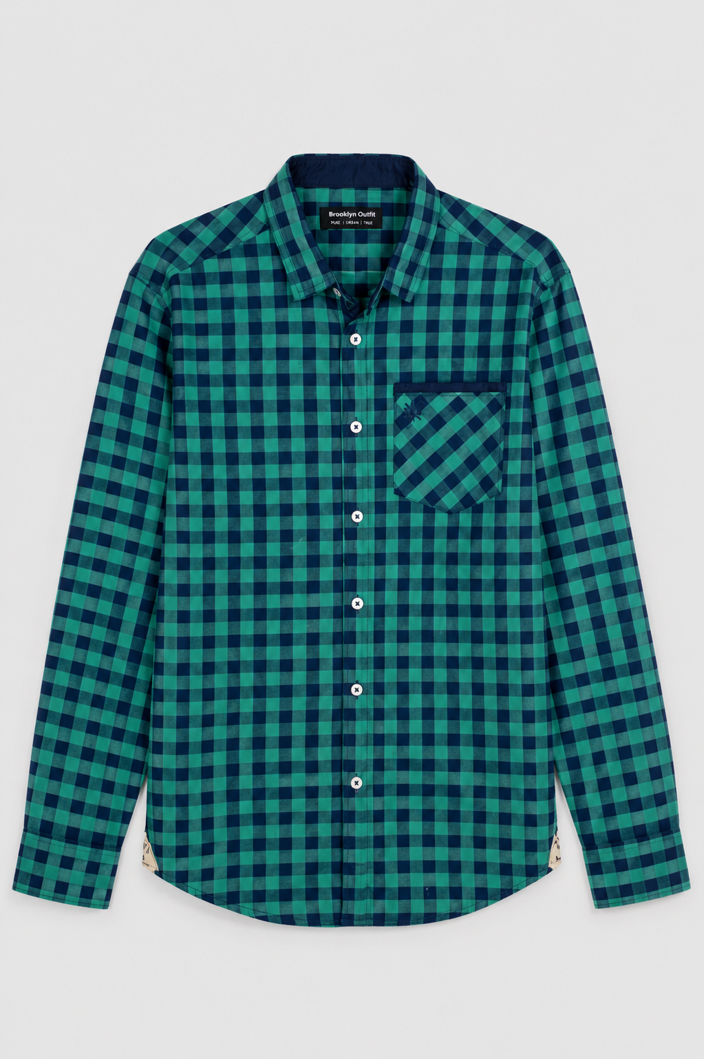 MEN CHECK SHIRT WITH BON POCKET EMBROIDERY ON CHEST-SEA GREEN