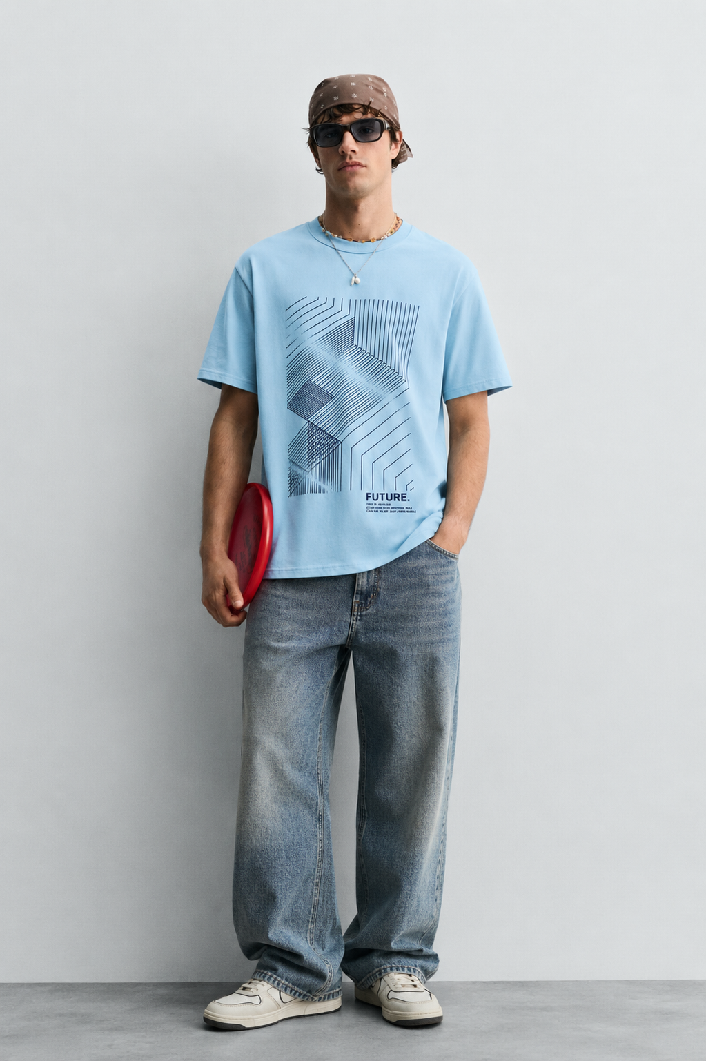Men Relaxed Fit Lt-Blue T-Shirt With Lining Printing