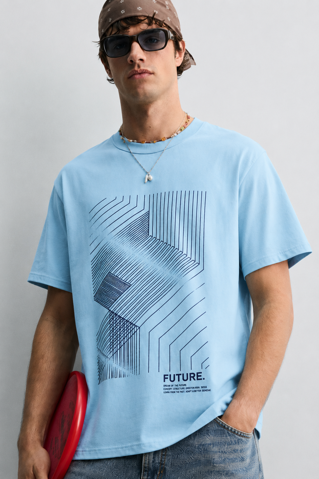 Men Relaxed Fit Lt-Blue T-Shirt With Lining Printing