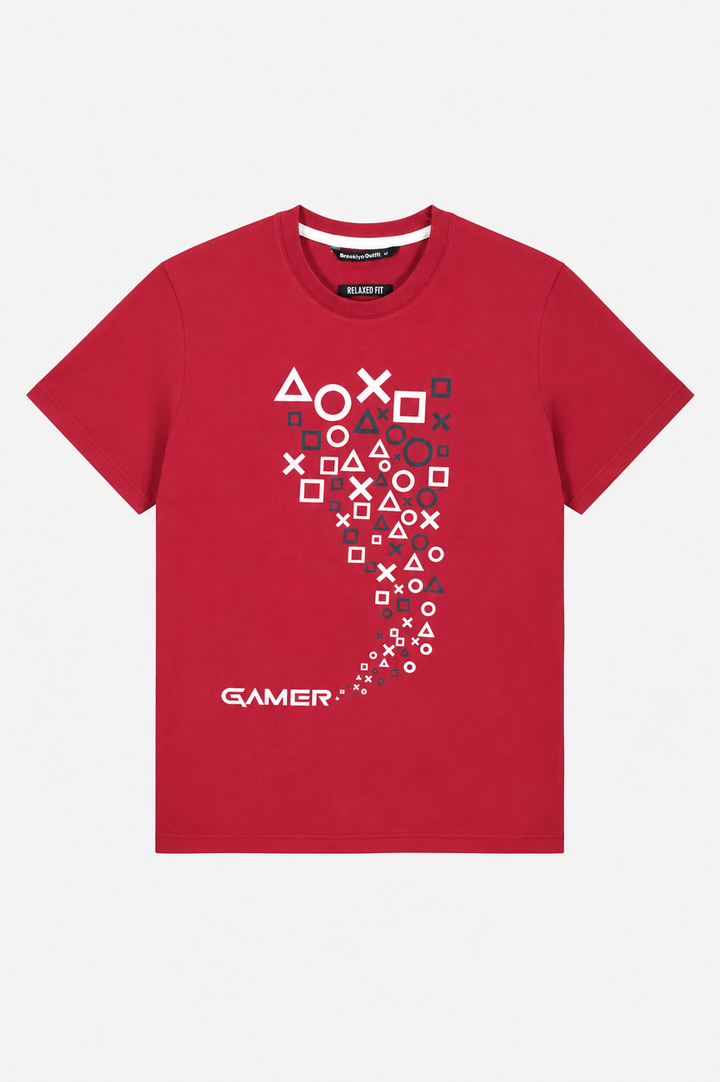 Men Relaxed Fit Red T-Shirt with Play Station Graphic