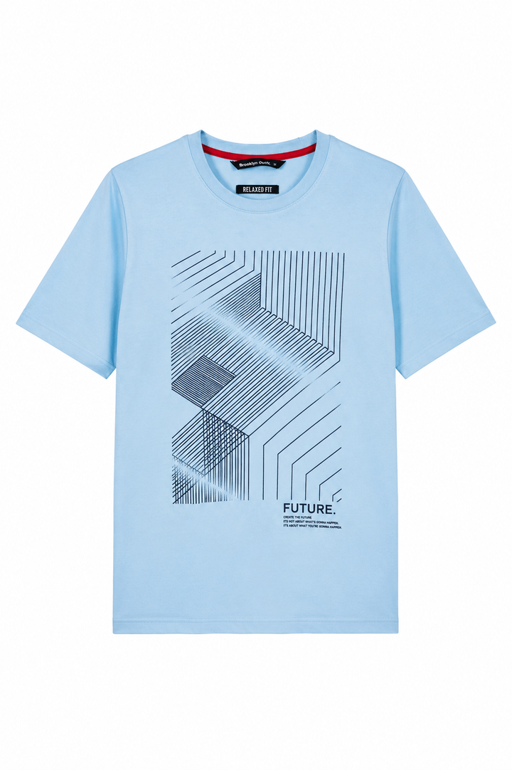 Men Relaxed Fit Lt-Blue T-Shirt With Lining Printing