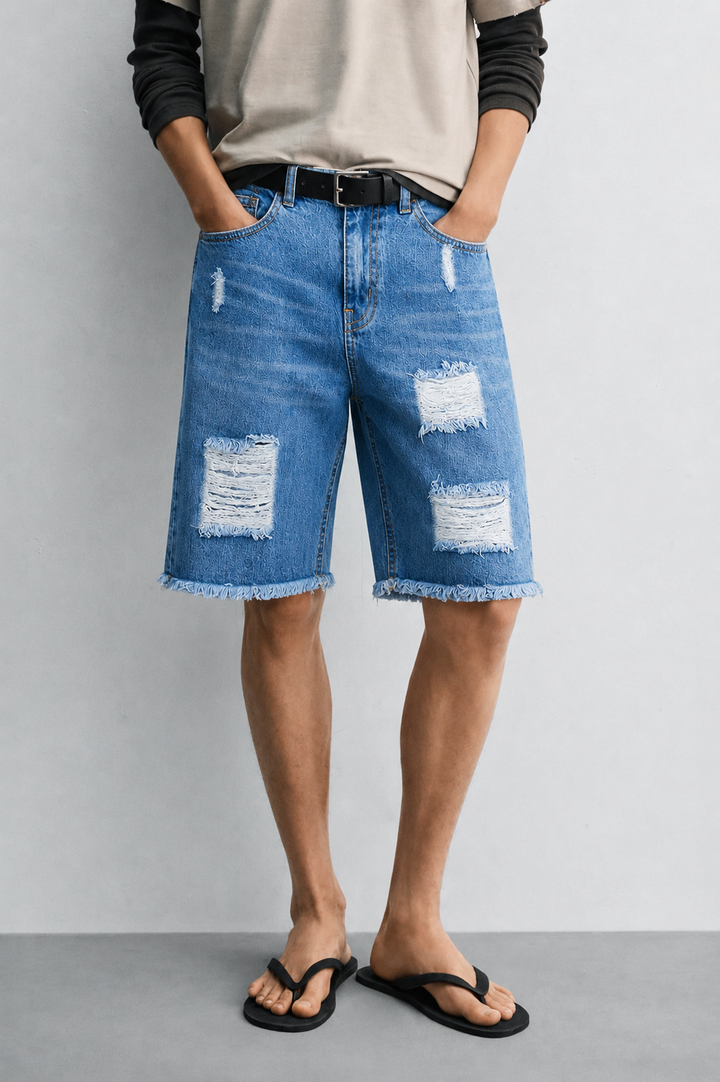 MEN LIGHT BLUE BERMUDA WITH RIPPING ON KNEE