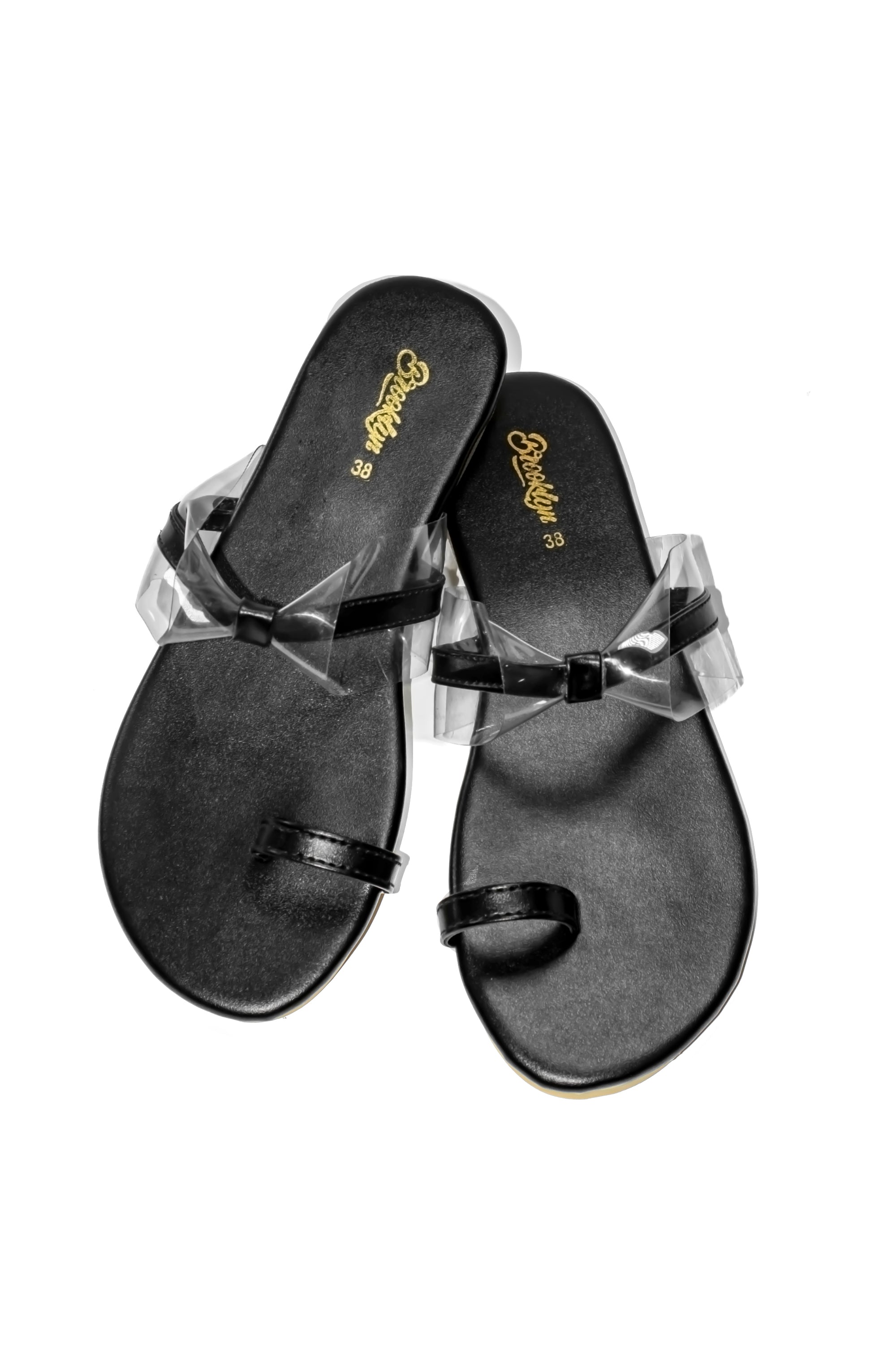 Black Strappy Sandals with Clear Bow Details