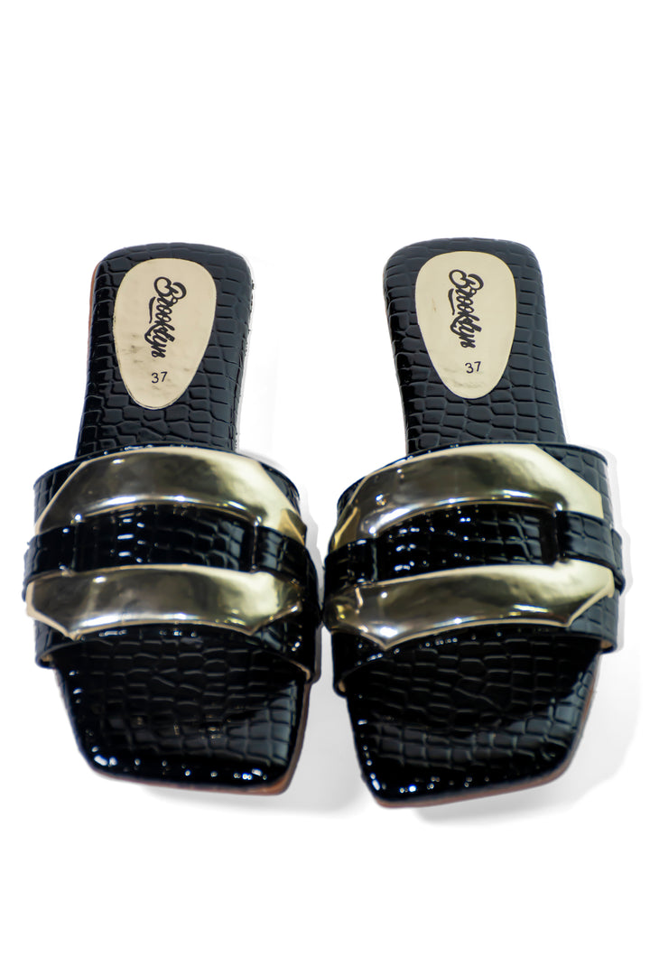 Black Croc-Embossed Slide Sandals with Gold Accents