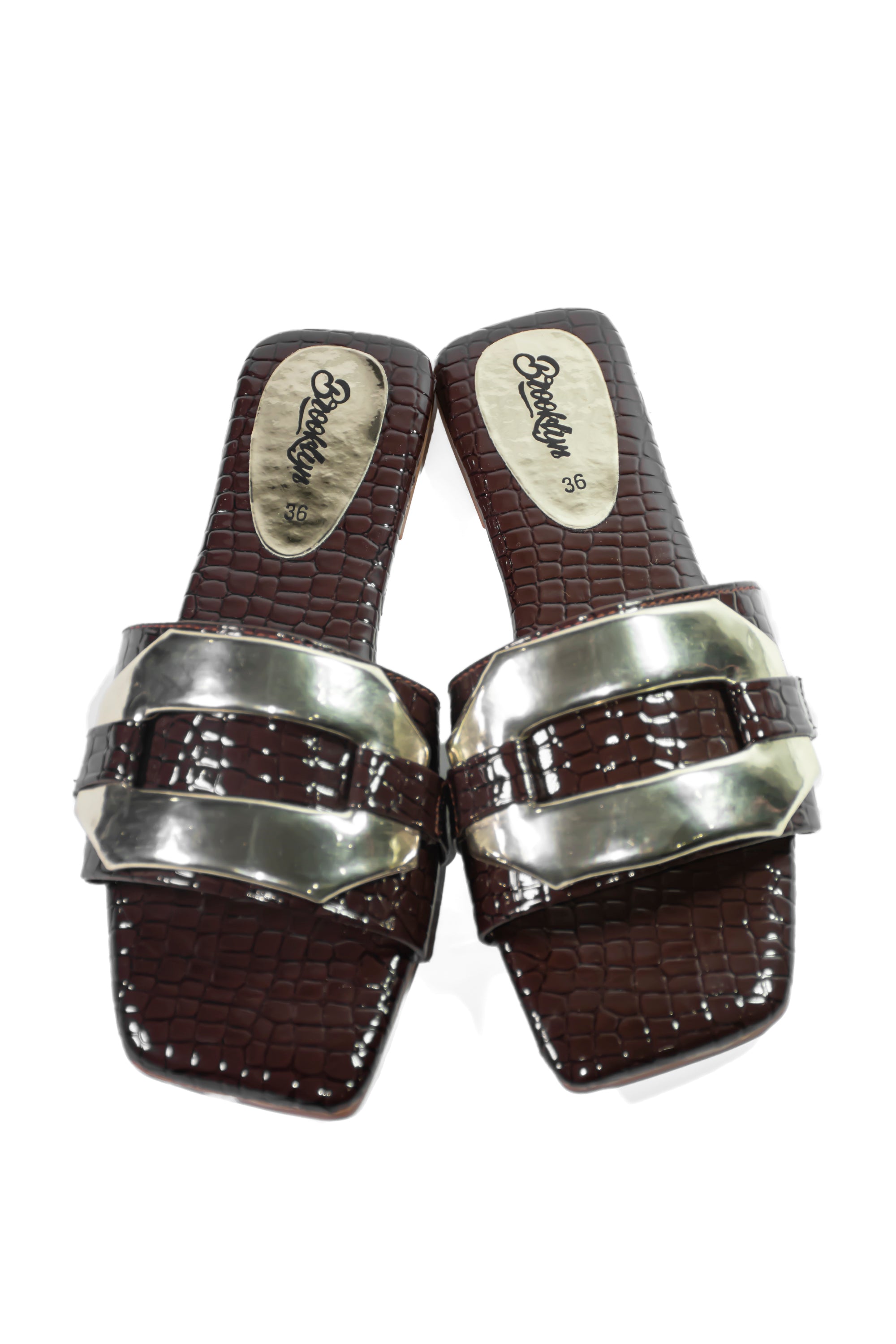 Brown Croc-Embossed Slide Sandals with Silver Accents