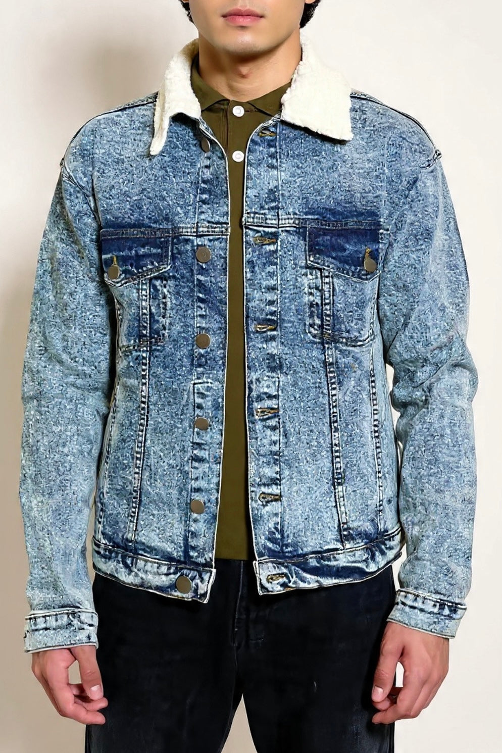 Acid Wash Denim Jacket with Sherpa Collar