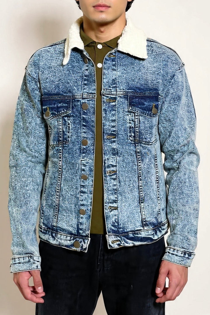 Acid Wash Denim Jacket with Sherpa Collar