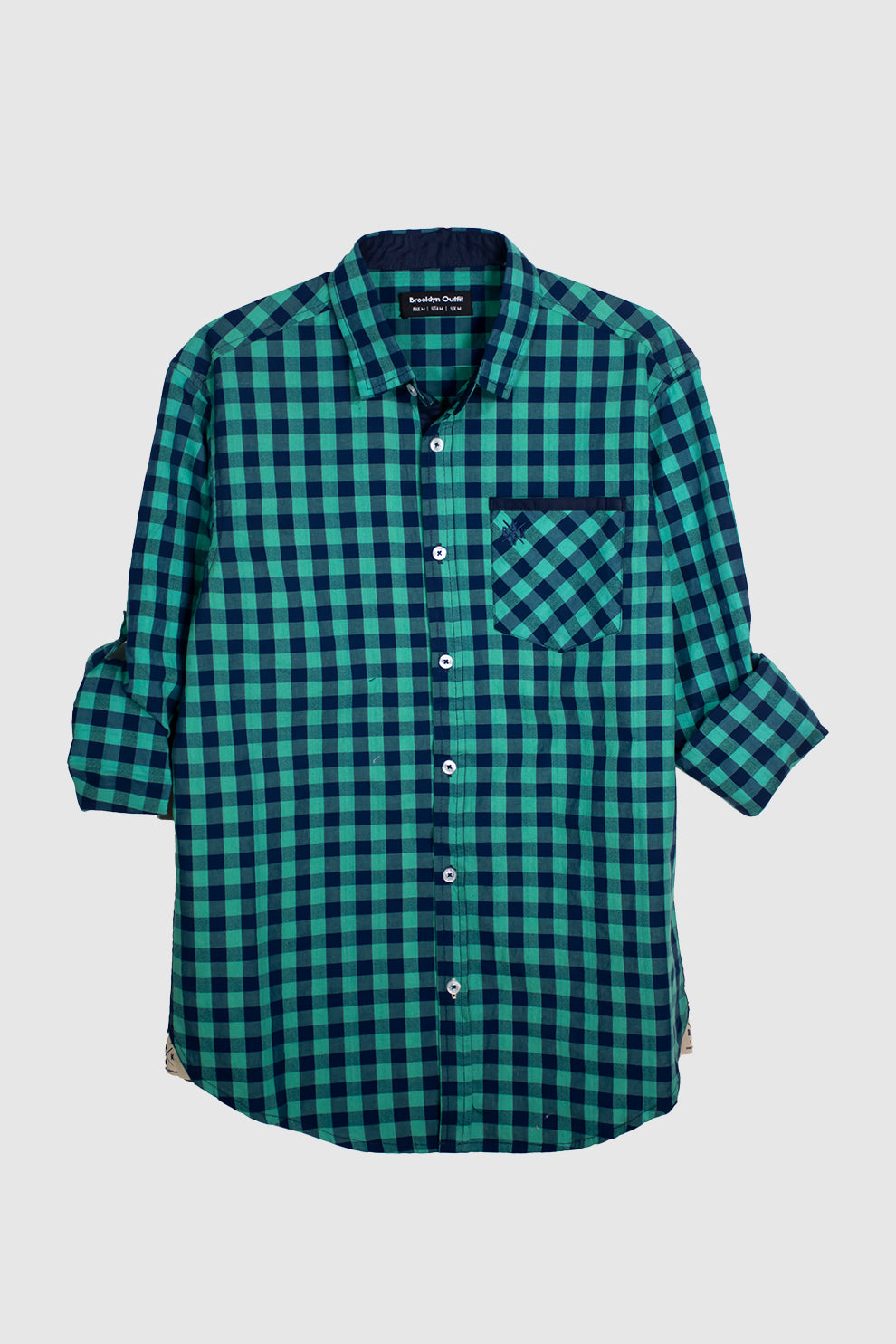 MEN CHECK SHIRT WITH BON POCKET EMBROIDERY ON CHEST-SEA GREEN