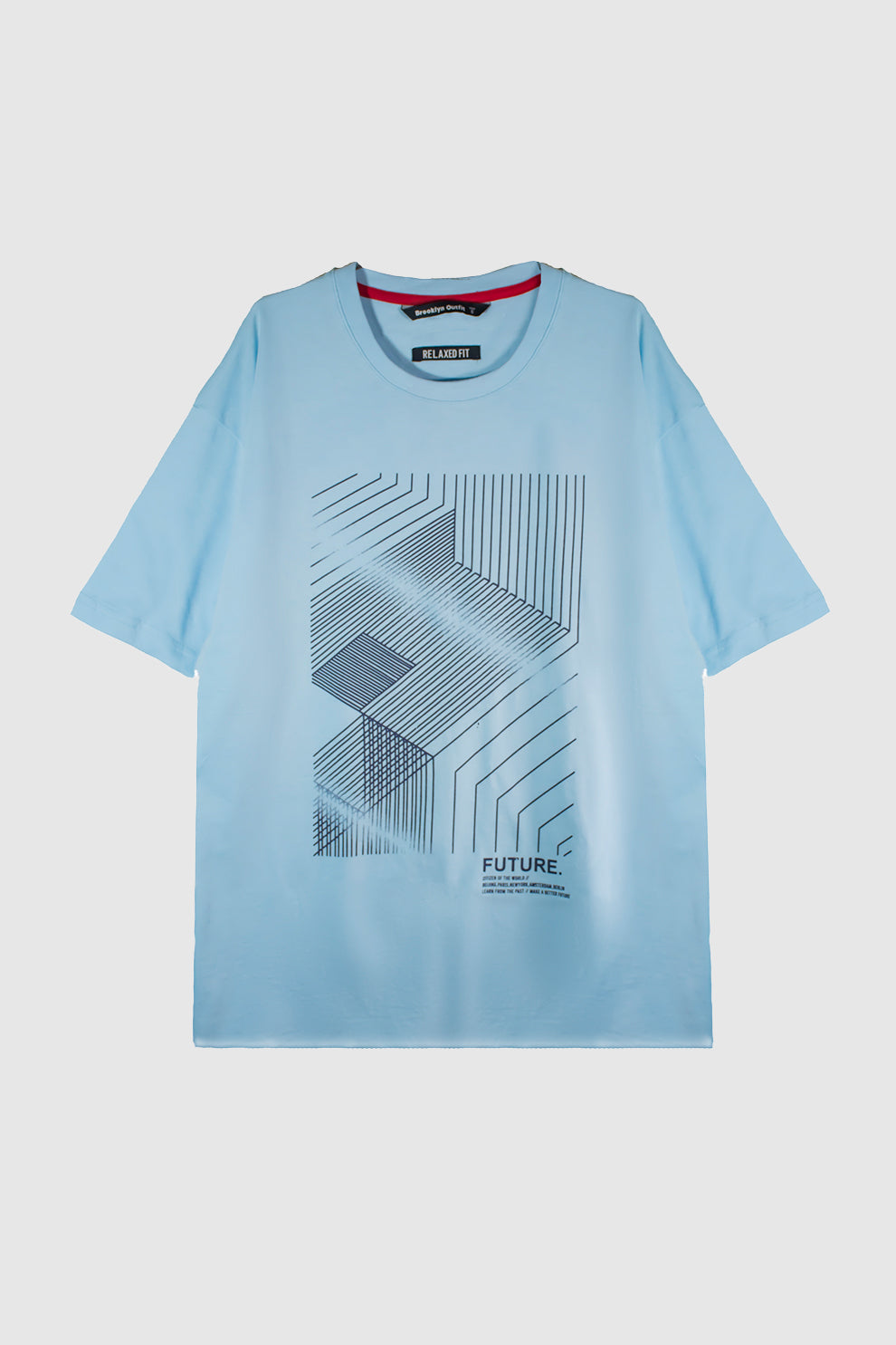 Men Relaxed Fit Lt-Blue T-Shirt With Lining Printing