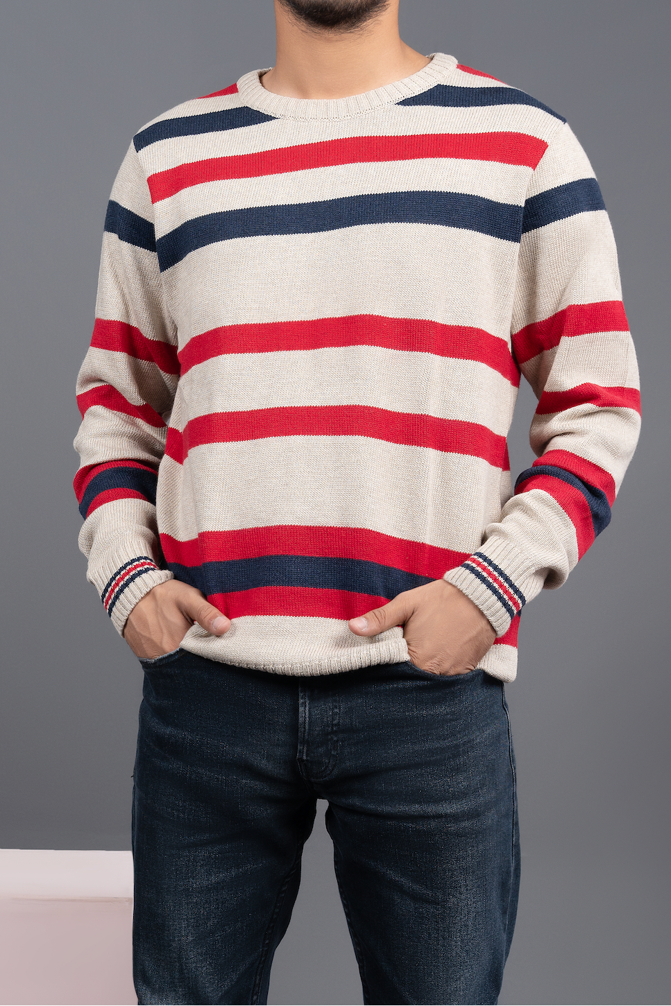 Classic Striped Crew Neck Sweater - Red & Navy