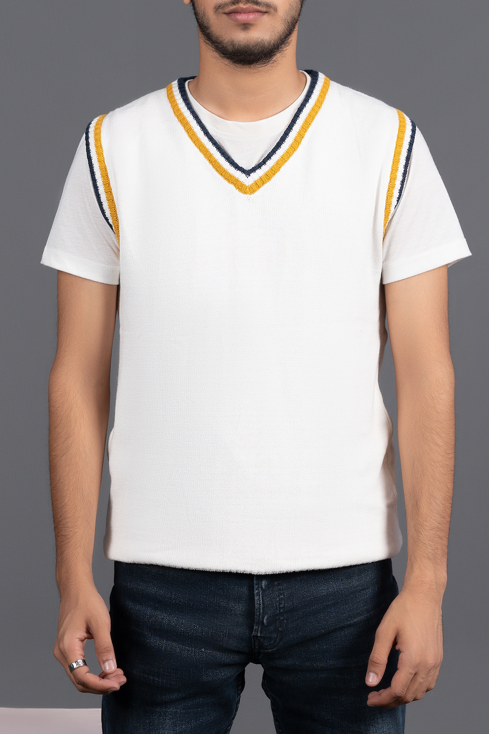 V-Neck Sweater Vest - White with Gold & Navy Trim