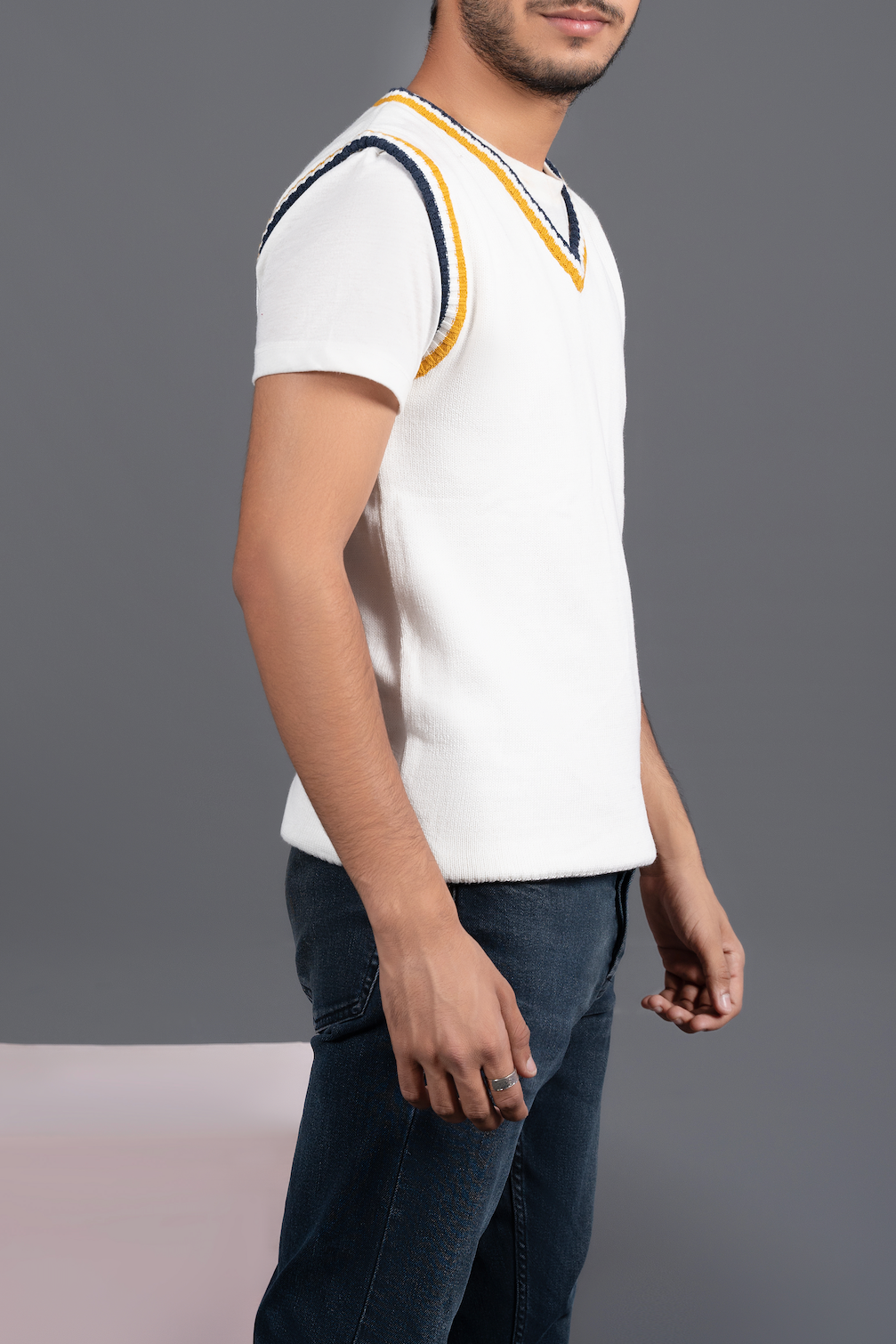 V-Neck Sweater Vest - White with Gold & Navy Trim