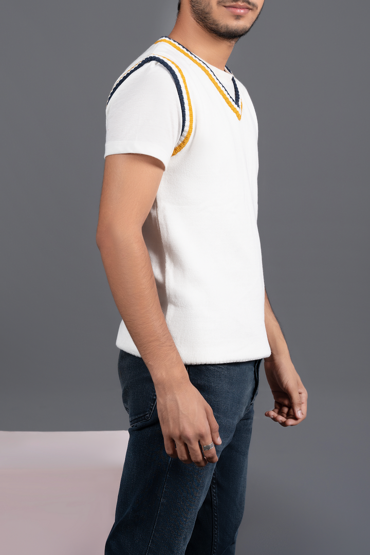 V-Neck Sweater Vest - White with Gold & Navy Trim