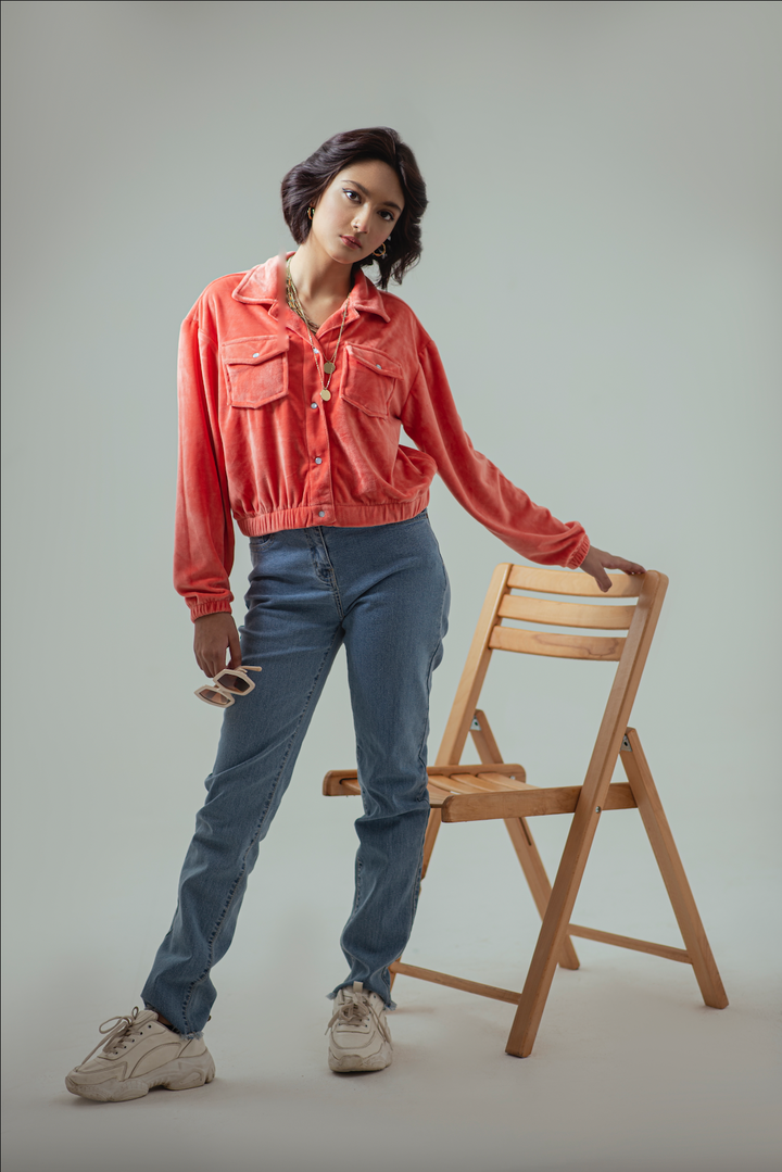 Women's Coral Pink Cropped Shirt Jacket