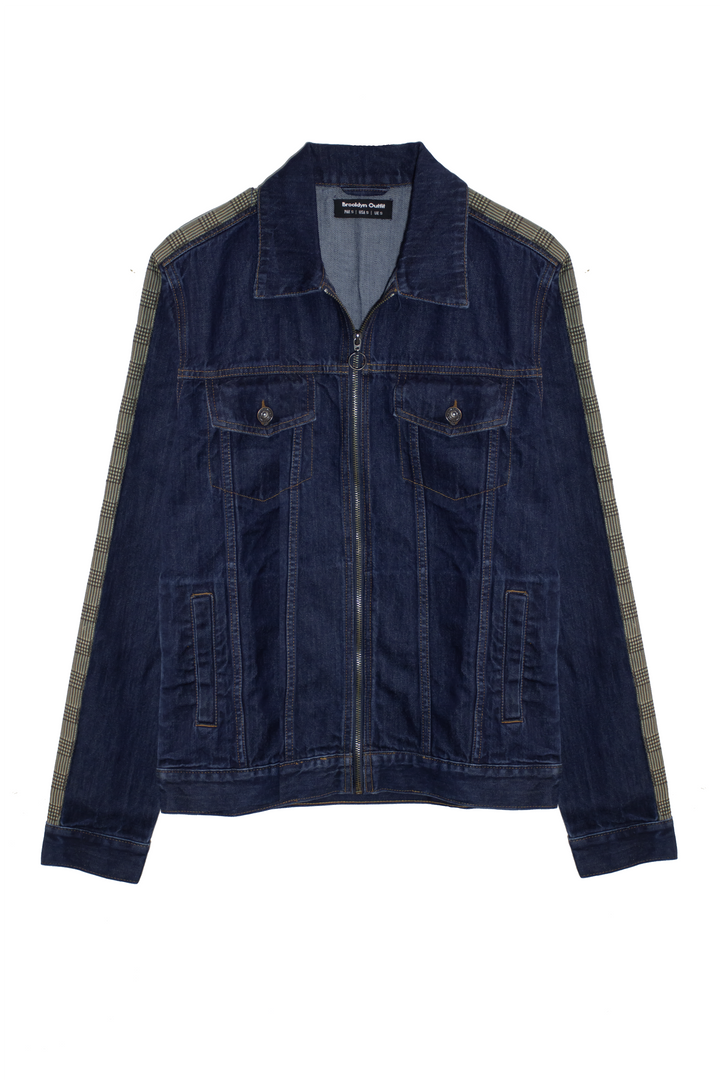 Men's Navy Jacket with Checkered Sleeves