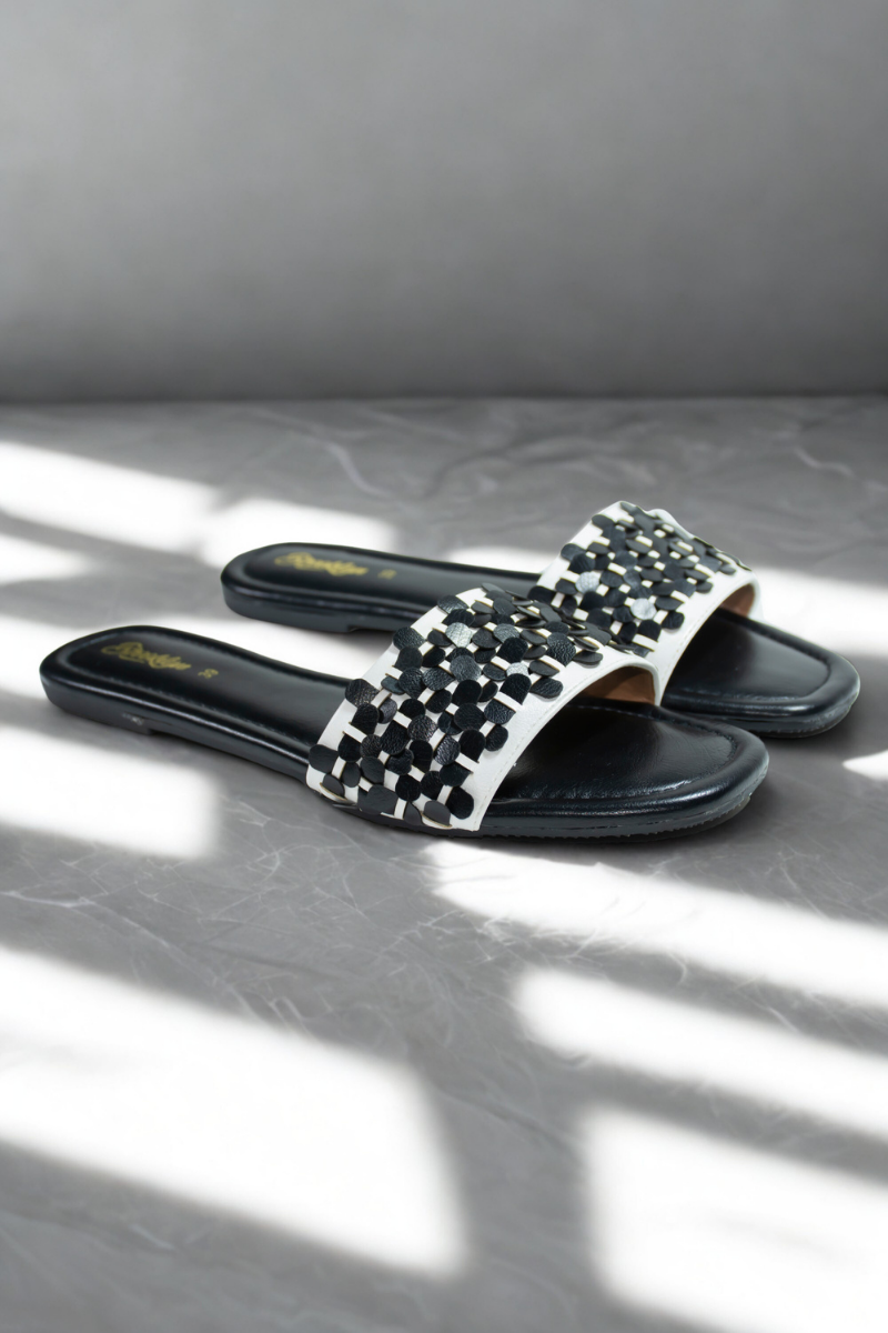 Black & White Woven Slide Sandals