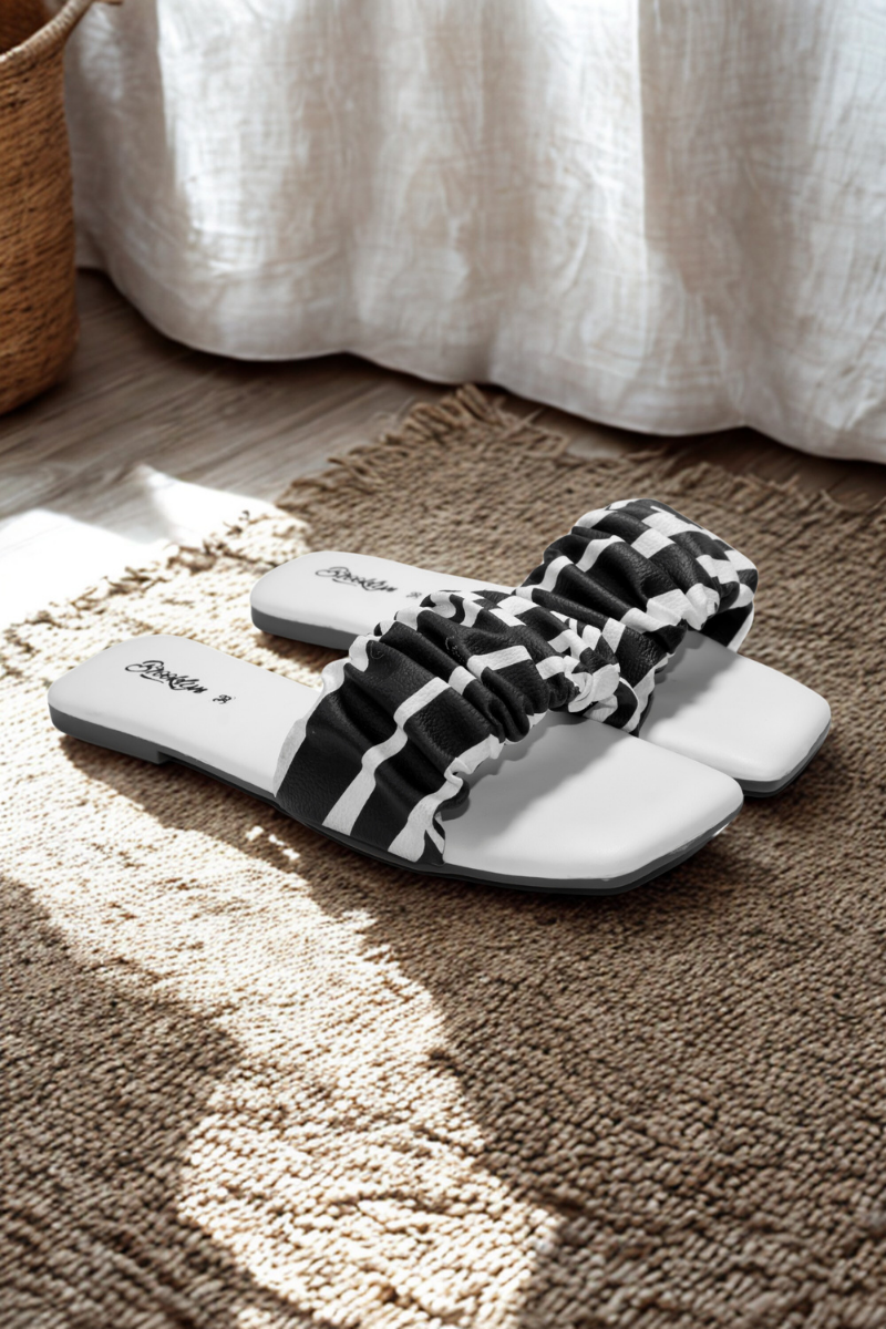 Checkered Ruffle Slide Sandals