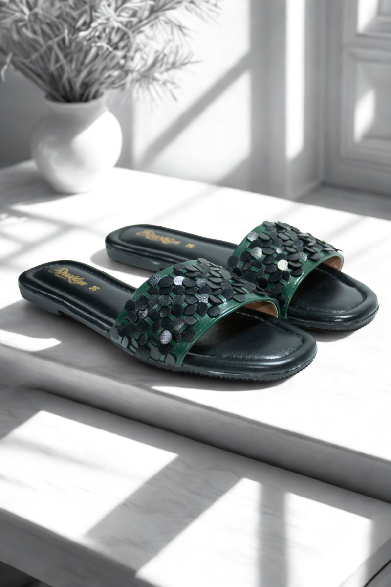 Green Sequined Slide Sandals