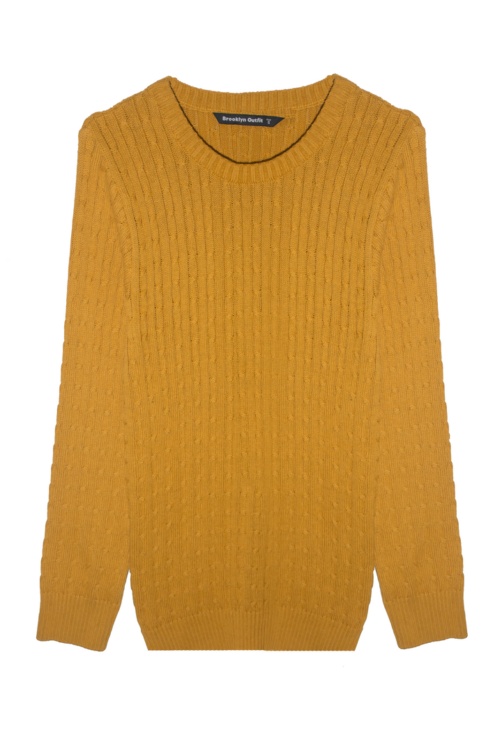 Cable Knit Crew Neck Sweater - Mustard